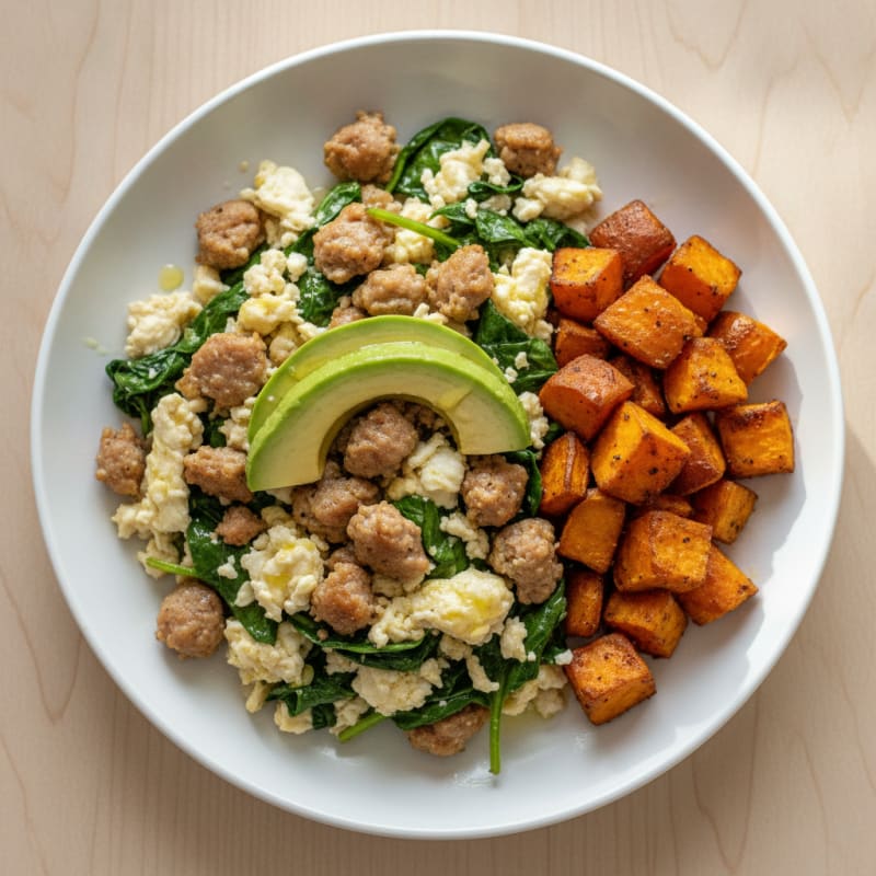 Crispy Turkey Sausage and Egg White Scramble with Spinach
