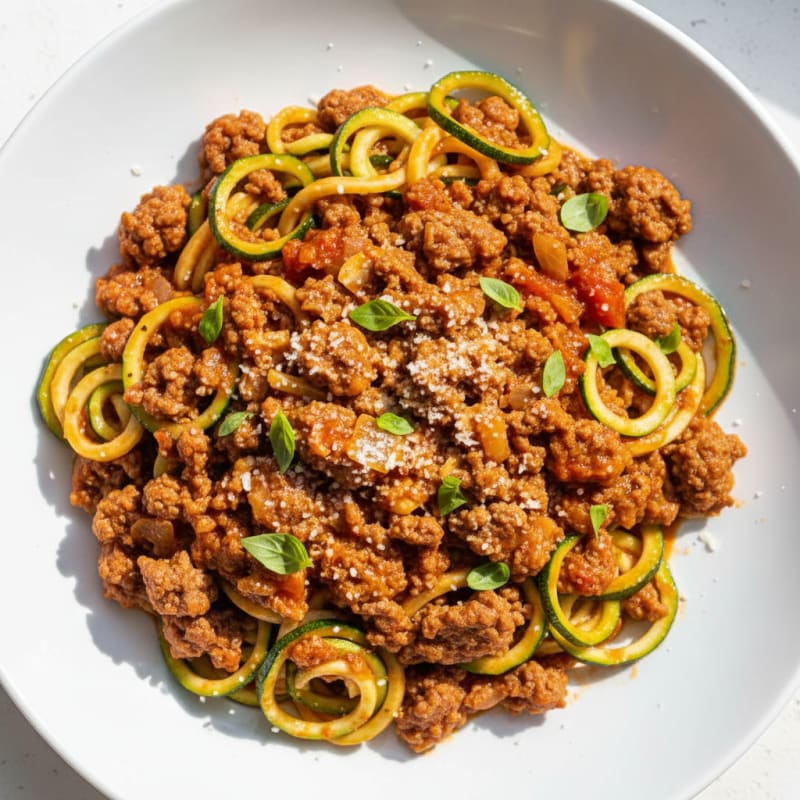 Lean Beef and Zucchini Pasta with Tomato Basil Sauce