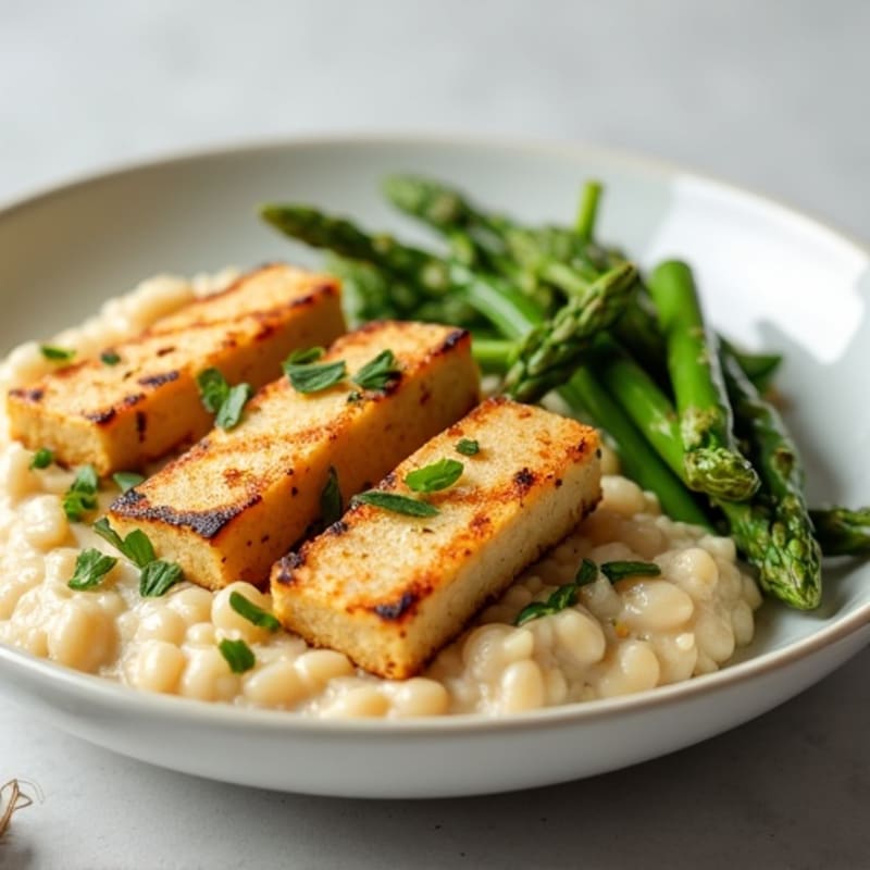 Grilled Tempeh with Creamy White Bean Mash and Steamed Asparagus