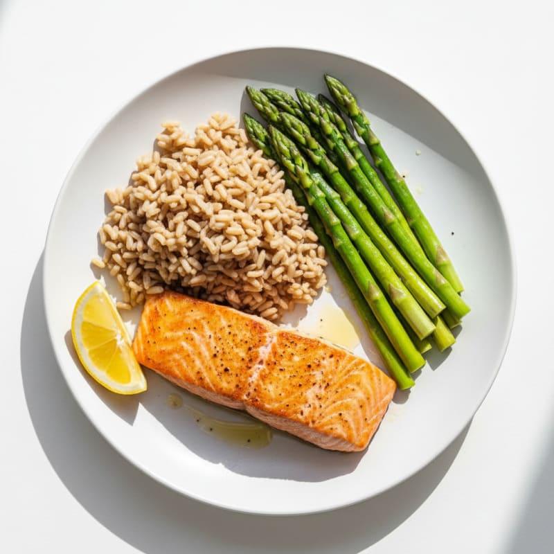 Pan-Seared Salmon with Steamed Asparagus and Brown Rice
