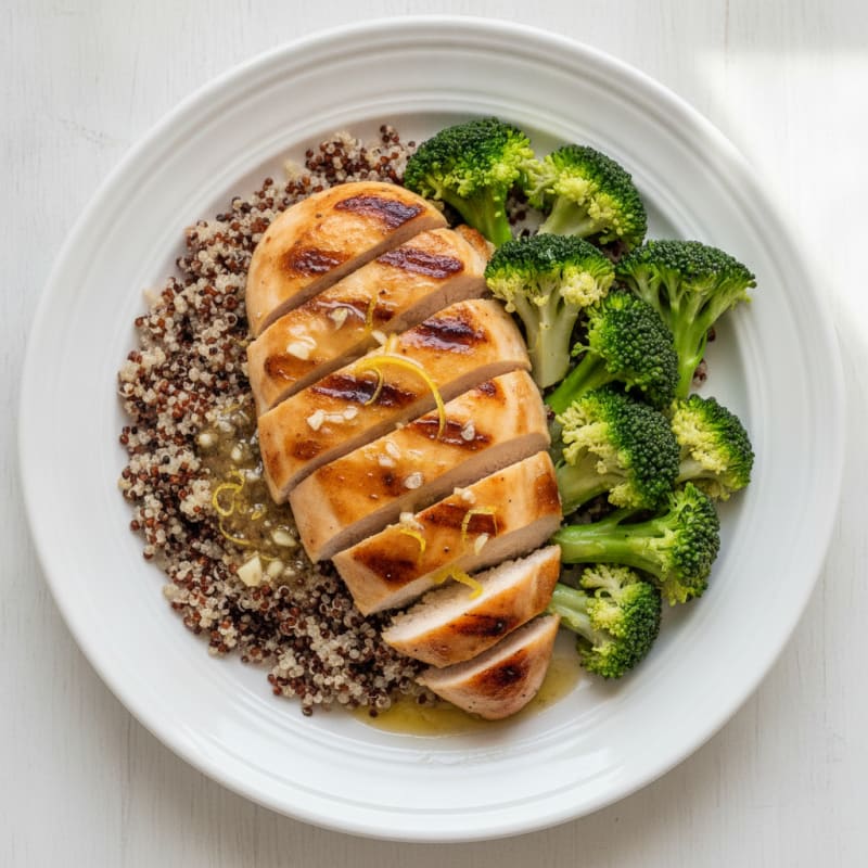 Grilled Lemon Garlic Chicken Breast with Quinoa and Steamed Broccoli