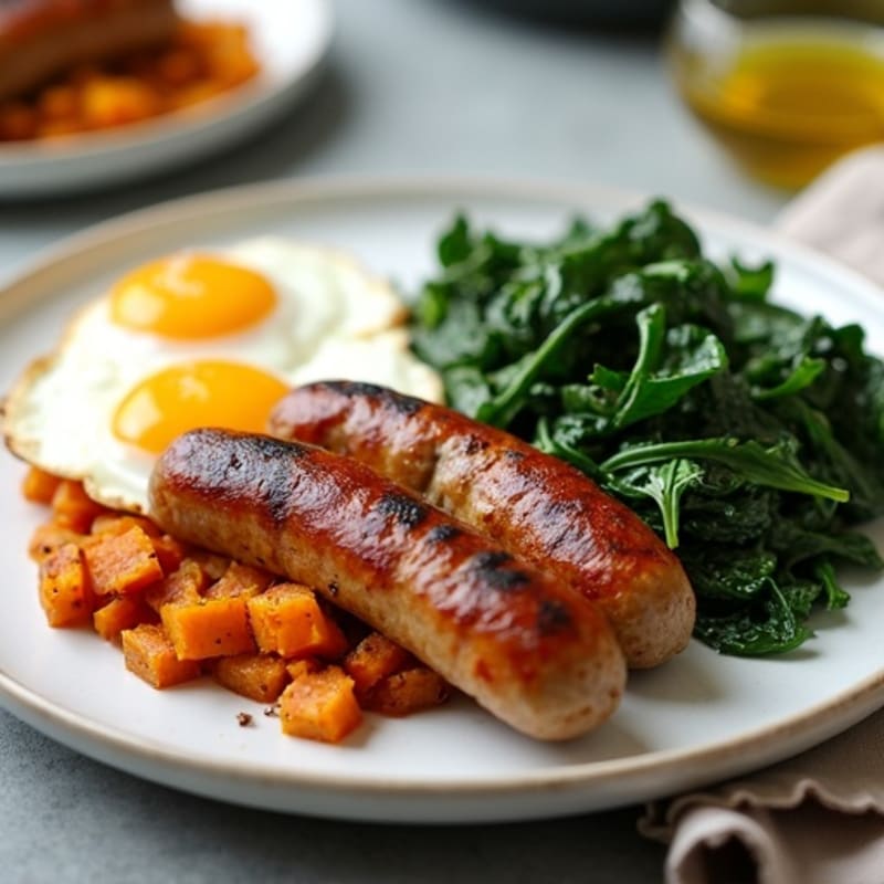 Turkey Sausage and Egg Skillet with Roasted Sweet Potato Hash and Sautéed Spinach