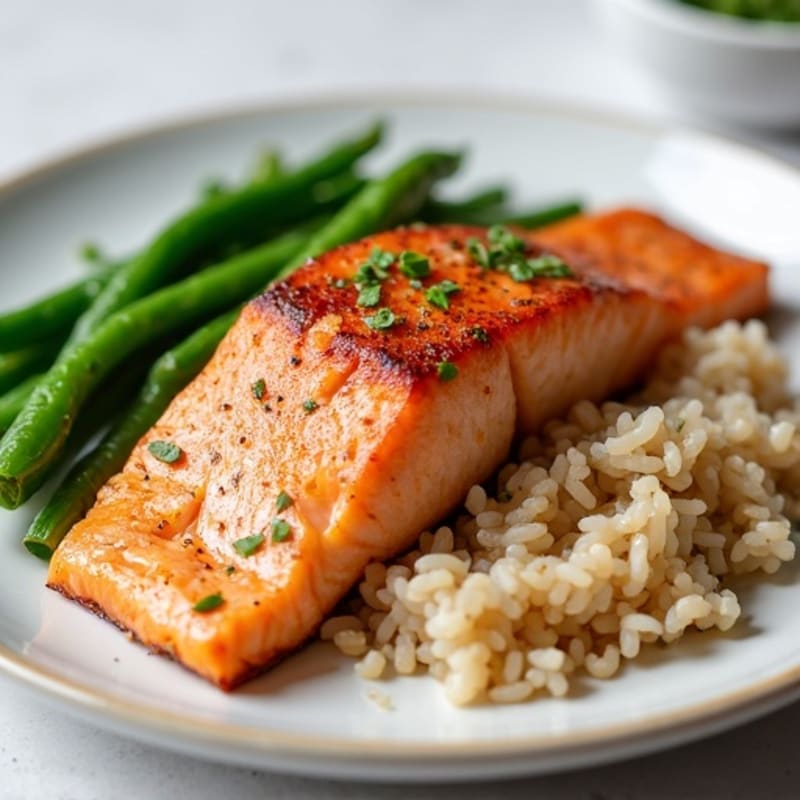 Seared Salmon Fillet with Steamed Green Beans and Brown Rice