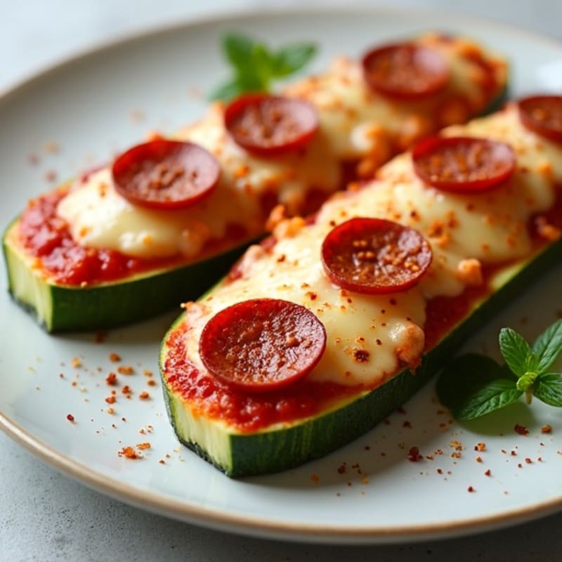 Crispy Zucchini Pizza Boats with Spicy Turkey Pepperoni and Melted Mozzarella