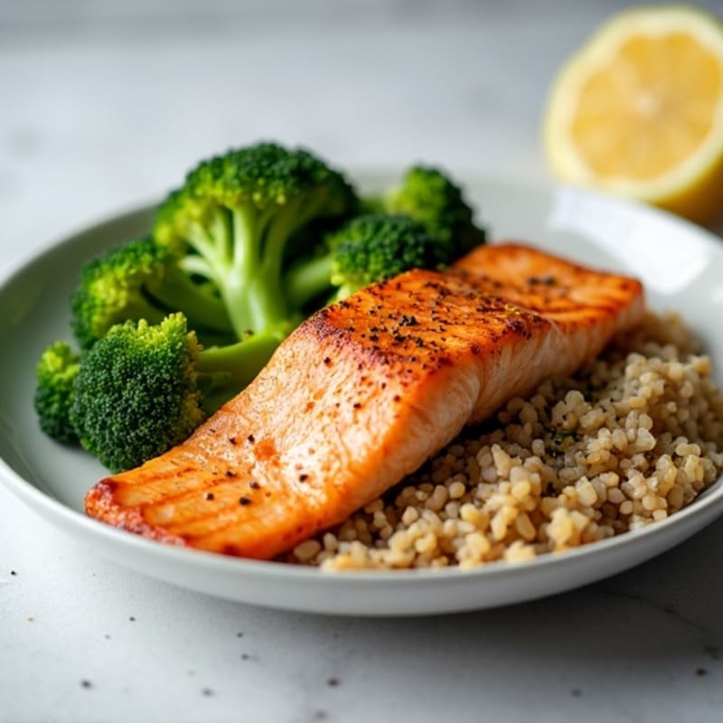Seared Salmon with Steamed Broccoli and Brown Rice