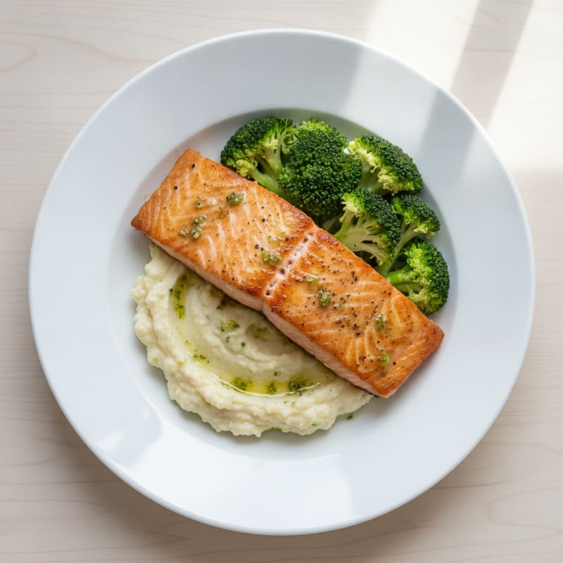 Seared Salmon with Steamed Broccoli and Garlic Mashed Cauliflower