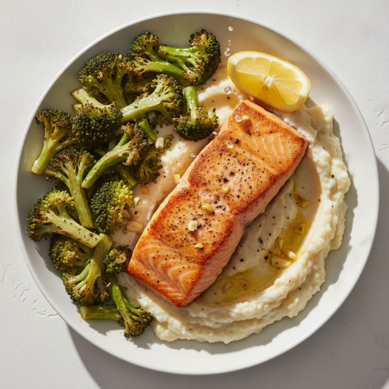 Seared Salmon with Roasted Broccoli and Garlic Mash