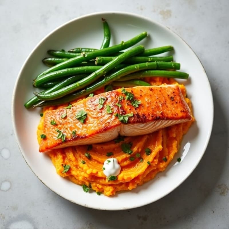 Seared Salmon with Garlic Green Beans and Sweet Potato Mash