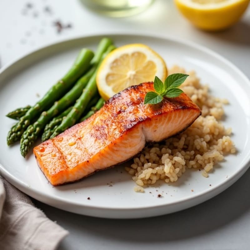 Seared Salmon Fillet with Steamed Asparagus and Brown Rice