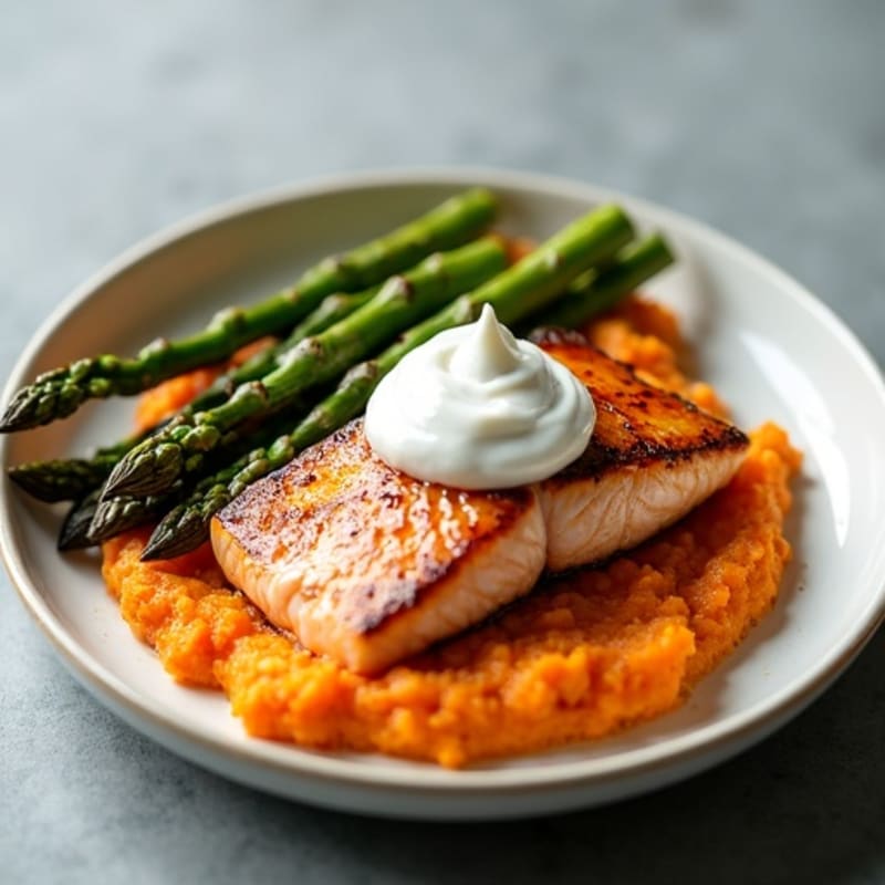 Seared Salmon with Roasted Asparagus and Sweet Potato Mash