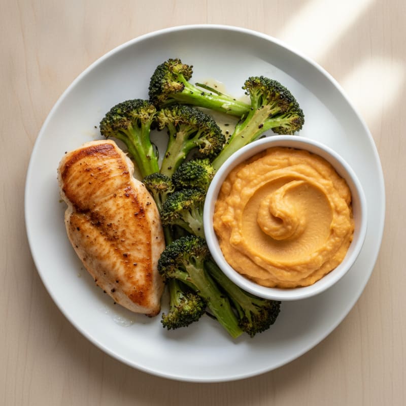 Seared Chicken Breast with Roasted Broccoli and Sweet Potato Mash
