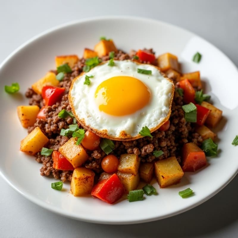 Crispy Beef and Chicken Hash with a Fried Egg