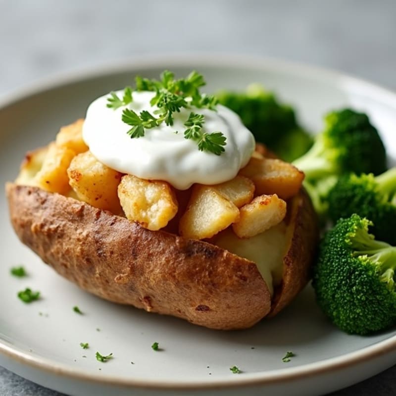Crispy Baked Potato with Creamy Chicken and Steamed Broccoli