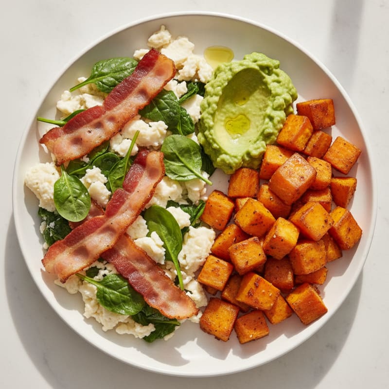 Crispy Turkey Bacon and Egg White Scramble with Roasted Sweet Potatoes