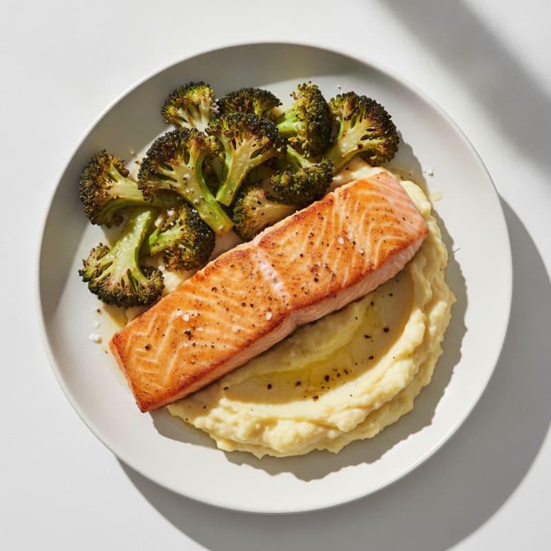 Seared Salmon Fillet with Roasted Broccoli and Garlic Mash