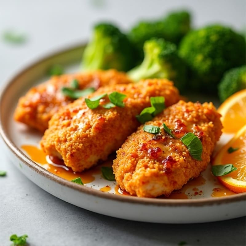 Healthy Crispy Orange Chicken with Steamed Broccoli