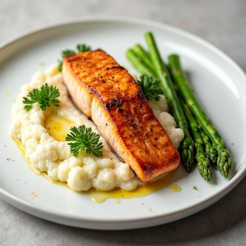Seared Salmon with Steamed Asparagus and Cauliflower Mash
