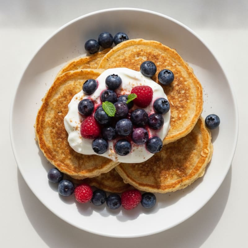 Cottage Cheese Protein Pancakes with Greek Yogurt and Berries
