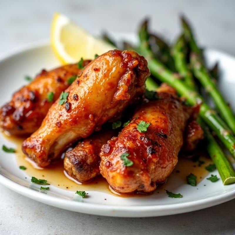 Sticky Baked Honey Garlic Chicken Wings with Roasted Asparagus