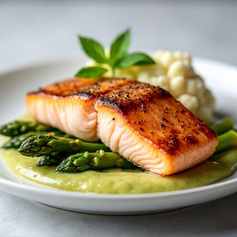 Seared Salmon with Steamed Asparagus and Cauliflower Mash