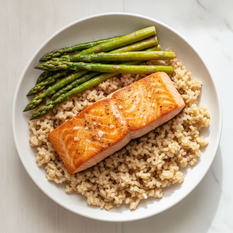 Seared Salmon with Steamed Asparagus and Brown Rice