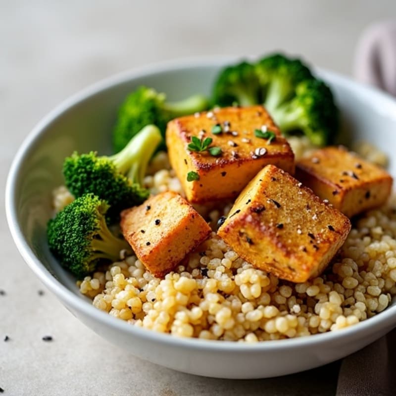 Crispy Tofu and Quinoa Bowl with Roasted Broccoli and Lemon Tahini Drizzle