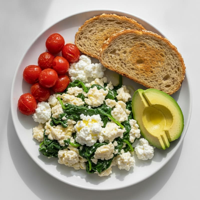 Egg White Spinach Scramble with Cottage Cheese and Cherry Tomatoes