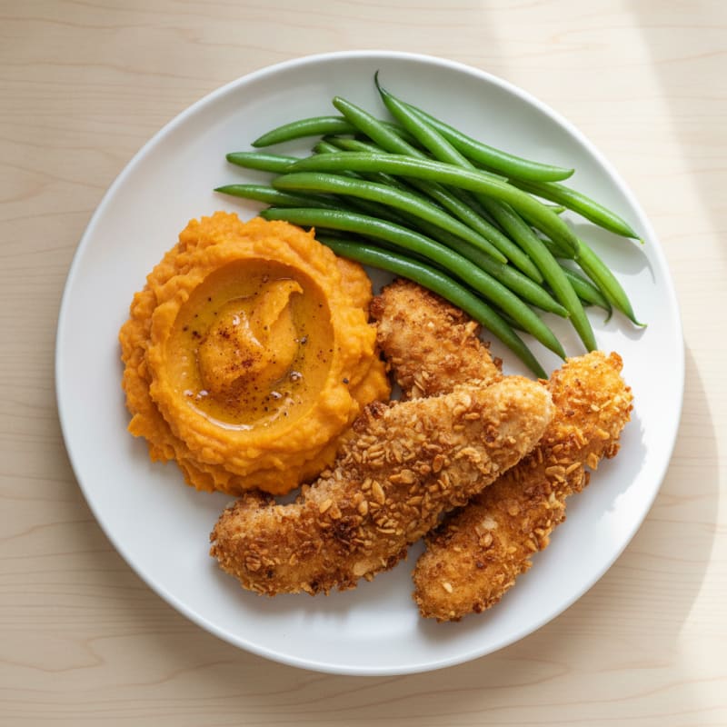 Oven-Baked Chicken Tenders with Steamed Green Beans and Sweet Potato Mash