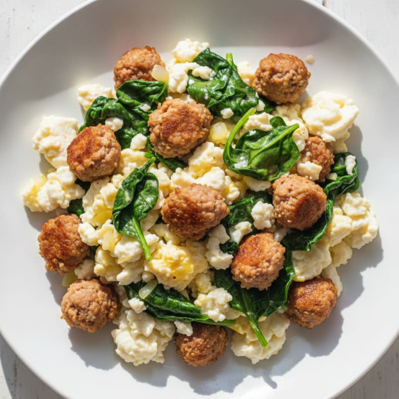 Egg White Scramble with Turkey Sausage and Sautéed Spinach
