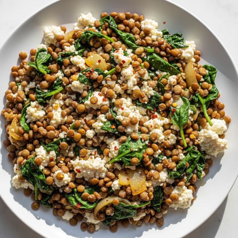 Lentil and Cottage Cheese Skillet with Spinach