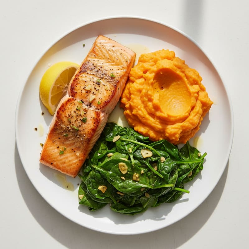 Seared Salmon with Garlic Spinach and Mashed Sweet Potatoes