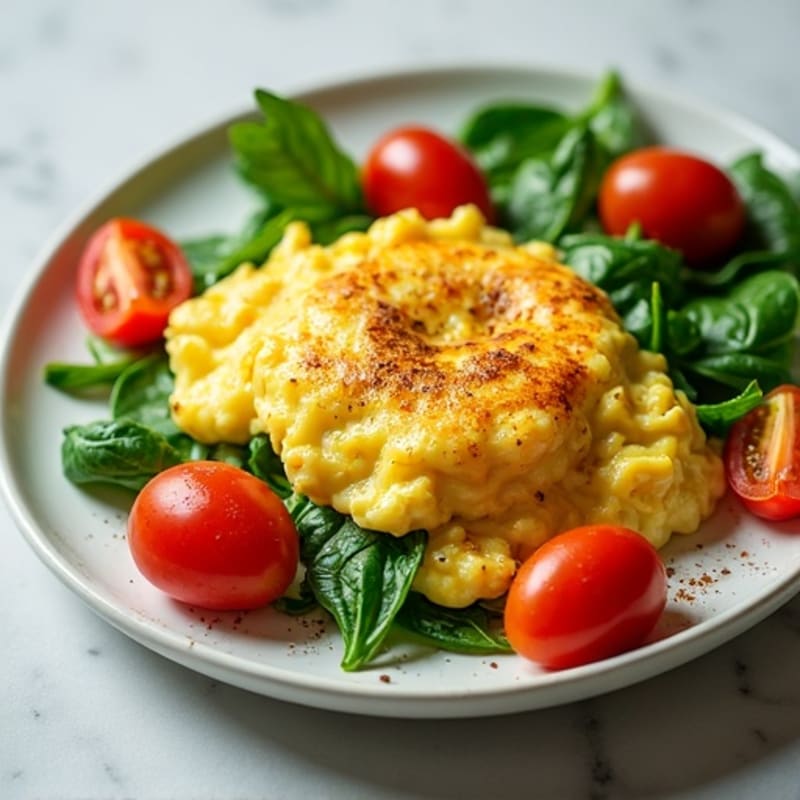 Fluffy Scrambled Eggs with Fresh Spinach and Cherry Tomatoes