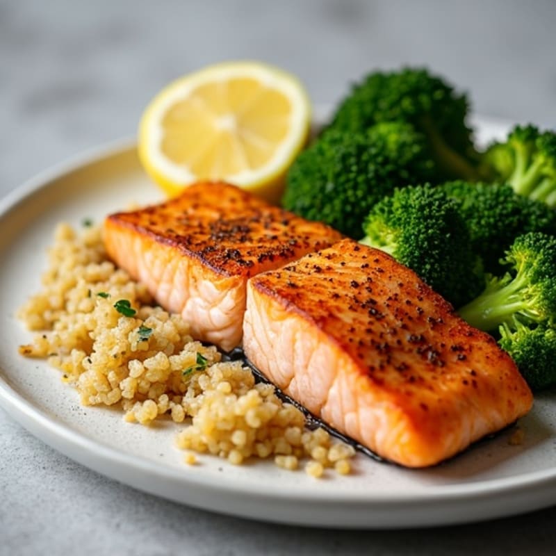 Seared Salmon Fillet with Roasted Broccoli and Quinoa