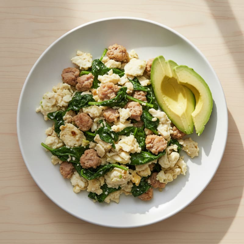 Scrambled Egg Whites with Turkey Sausage and Sautéed Spinach