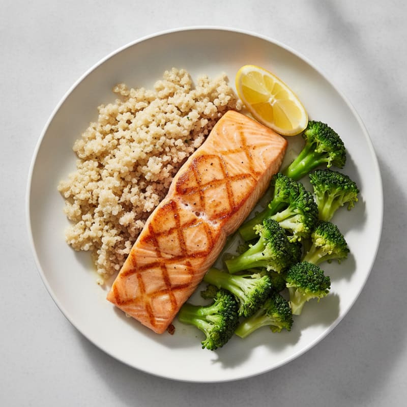 Seared Salmon with Steamed Broccoli and Quinoa