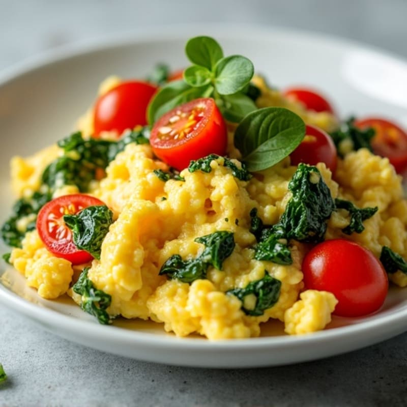Fluffy Scrambled Eggs with Fresh Spinach and Cherry Tomatoes