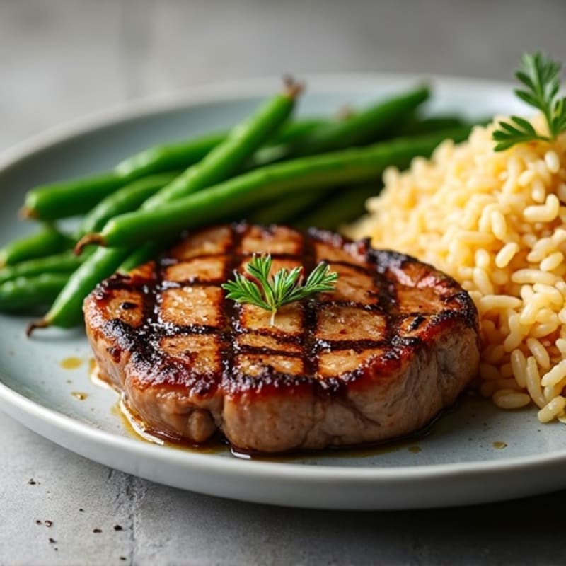 Pan-Seared Steak with Garlic Green Beans and Jasmine Rice
