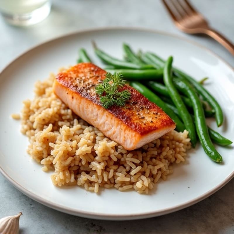 Seared Salmon with Garlic Green Beans and Brown Rice