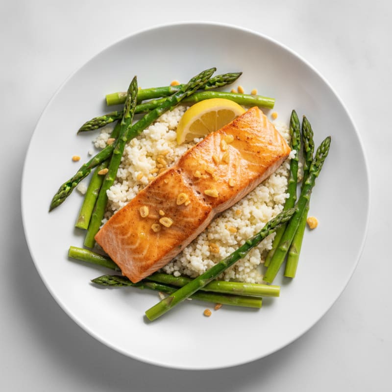 Seared Salmon with Steamed Asparagus and Cauliflower Rice