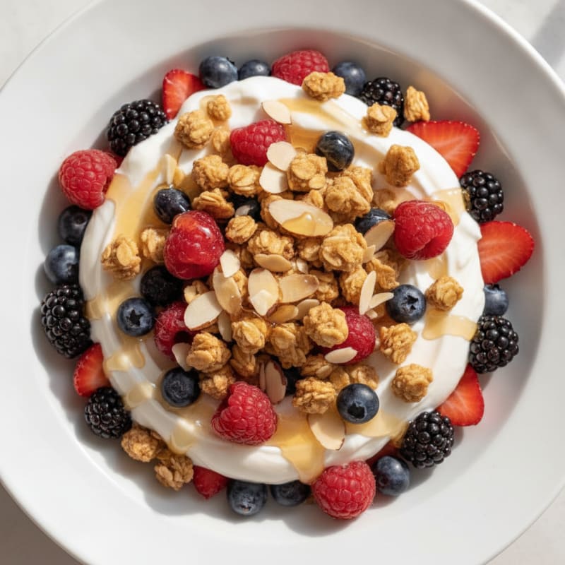 Greek Yogurt Parfait with Mixed Berries and Crunchy Almond Granola