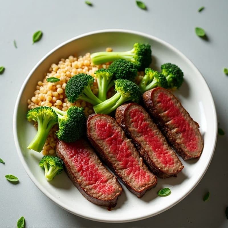 Seared Lean Beef Strips with Roasted Broccoli and Quinoa