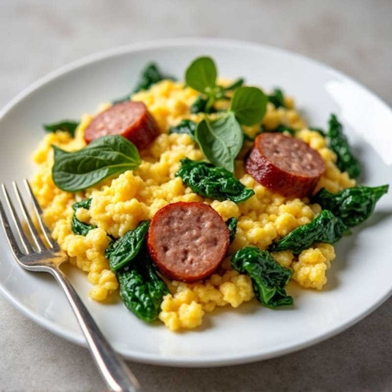 Egg White Scramble with Turkey Sausage and Sautéed Spinach