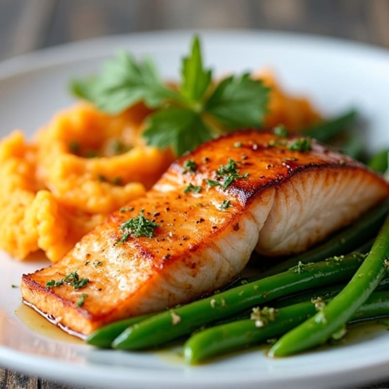 Seared Salmon with Garlic Green Beans and Sweet Potato Mash