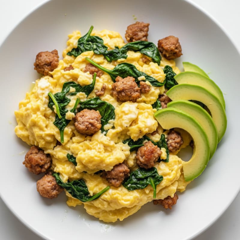 Creamy Scrambled Eggs with Turkey Sausage and Spinach