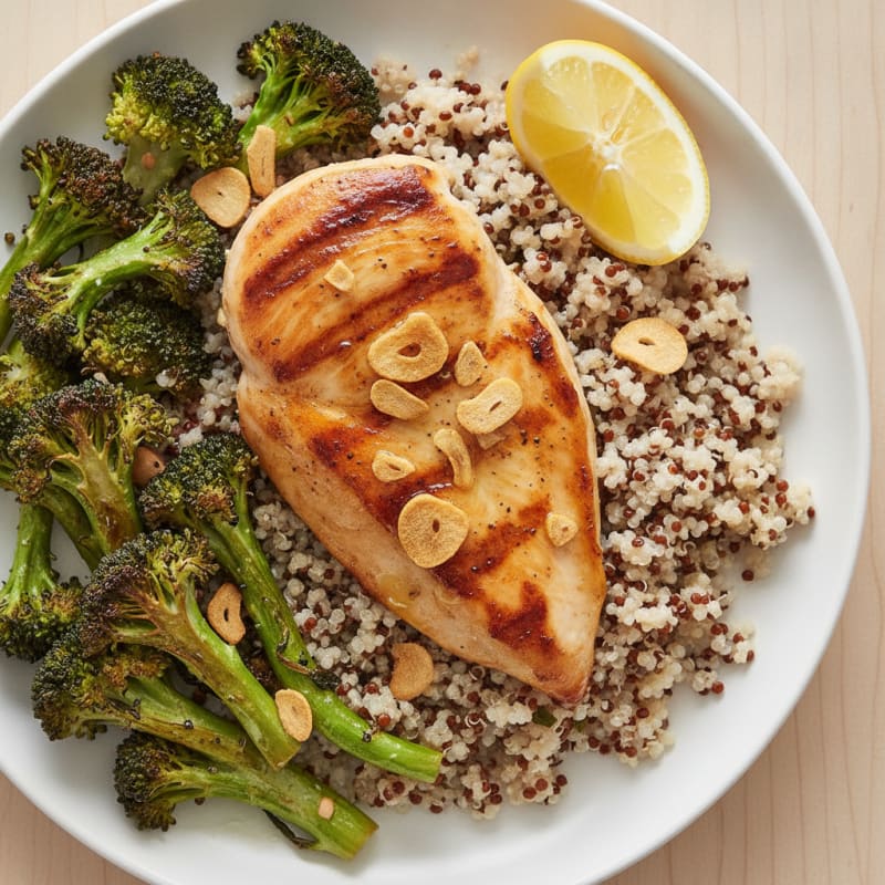 Seared Chicken Breast with Quinoa and Roasted Broccoli