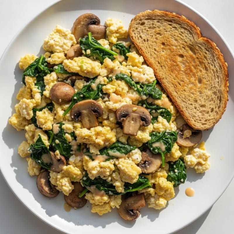 Cottage Cheese Egg Scramble with Spinach and Sautéed Mushrooms