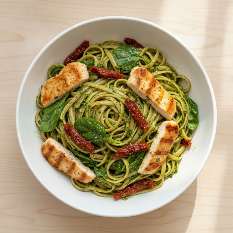 Pesto Chicken Linguine with Sun-Dried Tomatoes