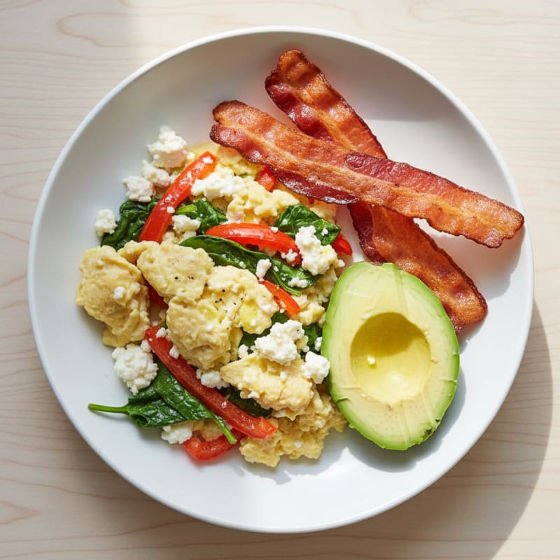 Egg White Veggie Scramble with Cottage Cheese and Turkey Bacon