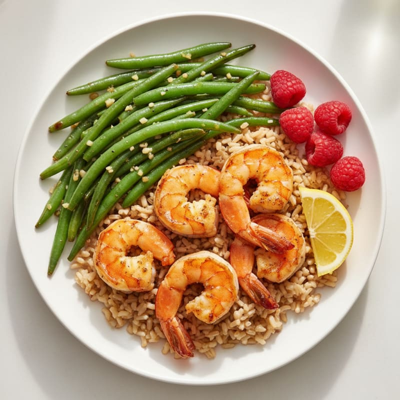 Seared Shrimp with Garlic Green Beans and Brown Rice