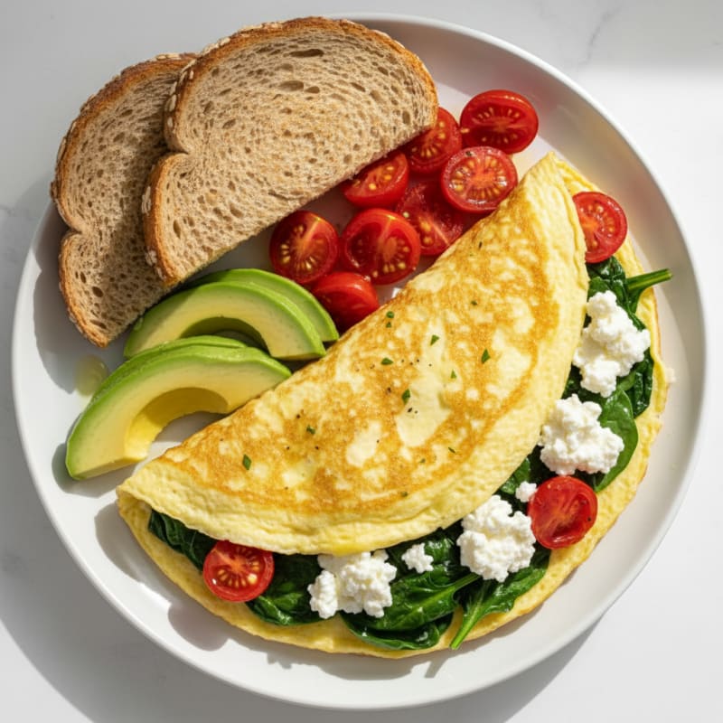 Egg White Spinach Omelet with Cottage Cheese and Cherry Tomatoes